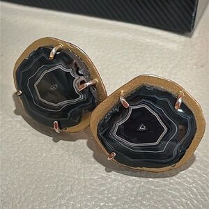 Vintage Gold Tone Black Banded Agate Cufflinks